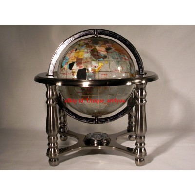 14" Pure Pearl ocean silver 4- leg table stand Gem MOP Gemstone World MAP globe 722301696965  173086158012